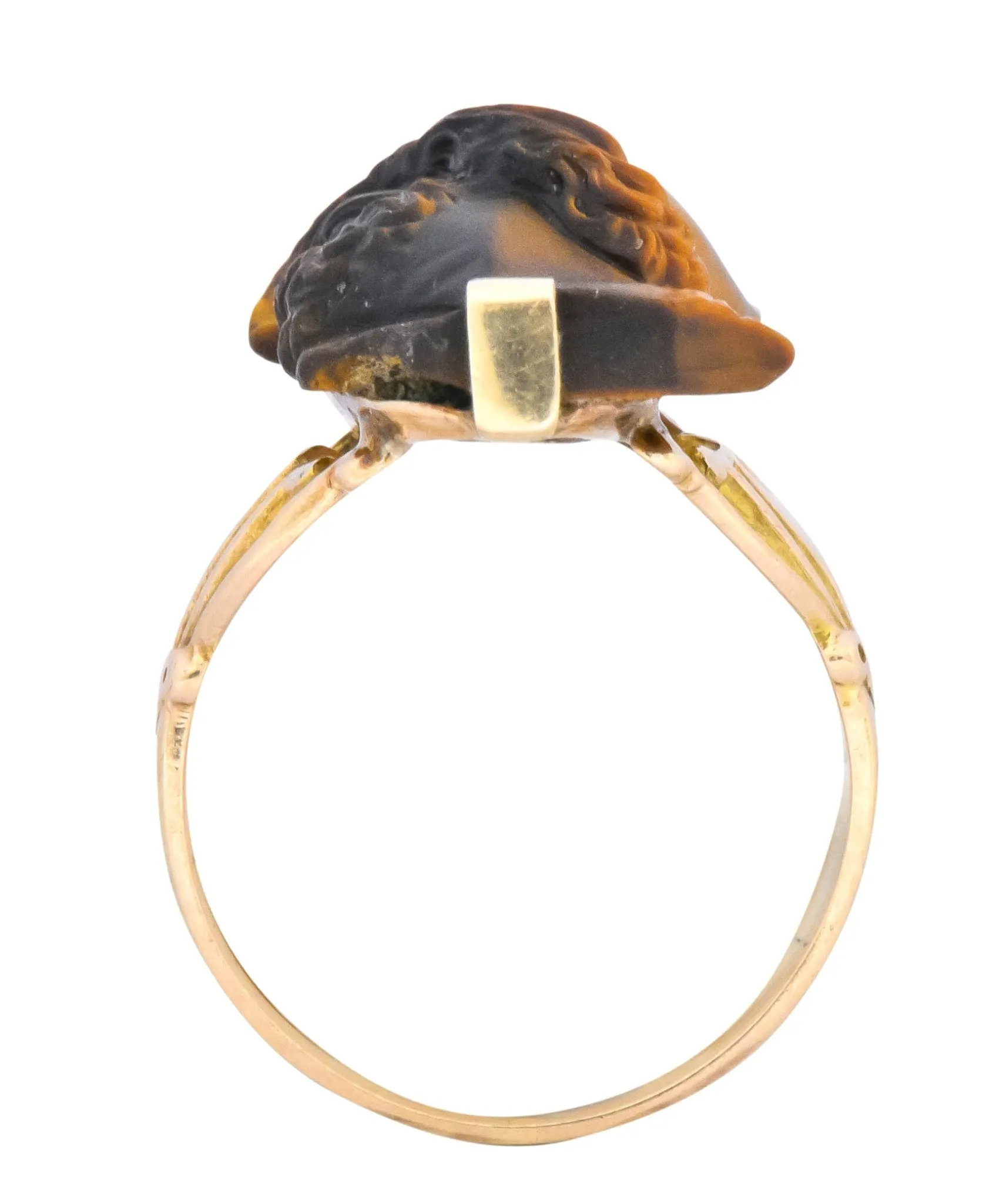 Art Nouveau Carved Tiger's Eye 14 Karat Gold Greek Hero Ring