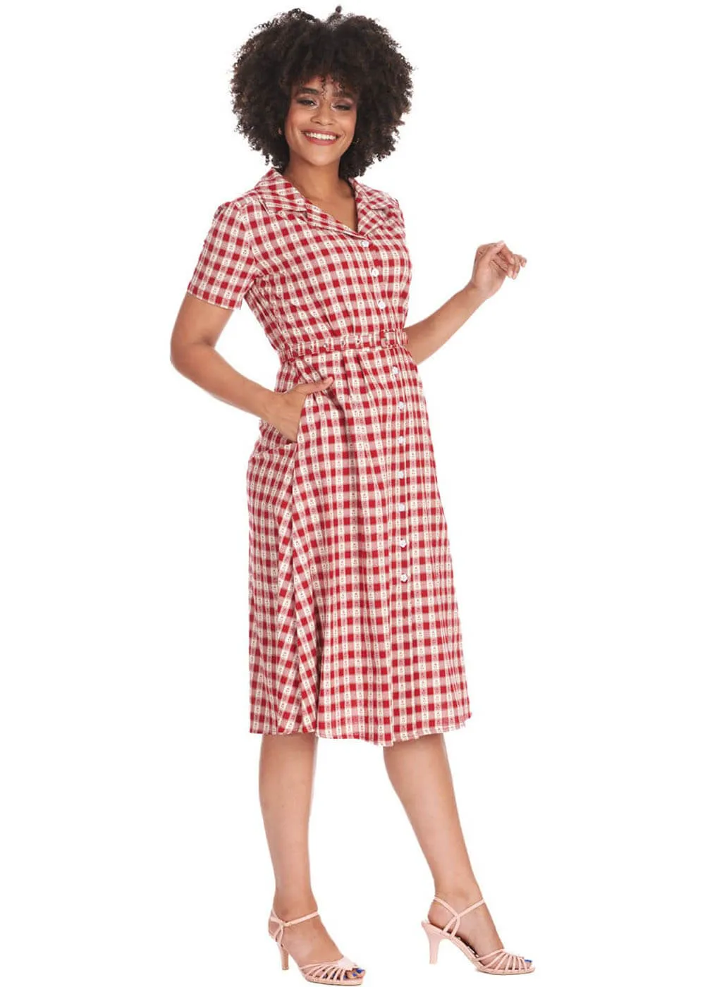 Banned Cherry Check 40's Flare Dress Red