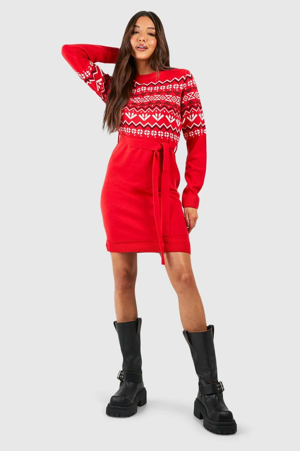 Belted Fairisle Christmas Sweater Dress