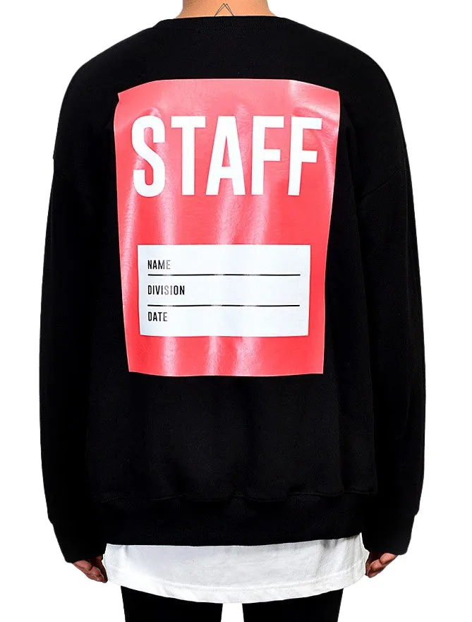 Black Staff Graphic Casual Long Sleeved Sweatshirts Mens Crewneck Tops Loose Fit Made in Korean Fashion Kpop Style