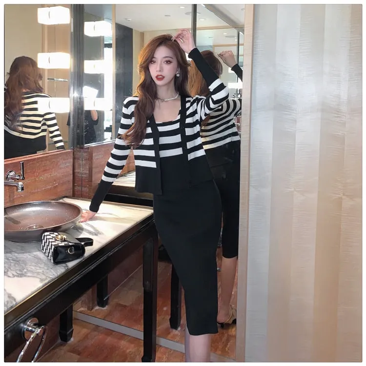 Casual O-Neck Full Sleeve Striped Knitted Pencil Dress for Women