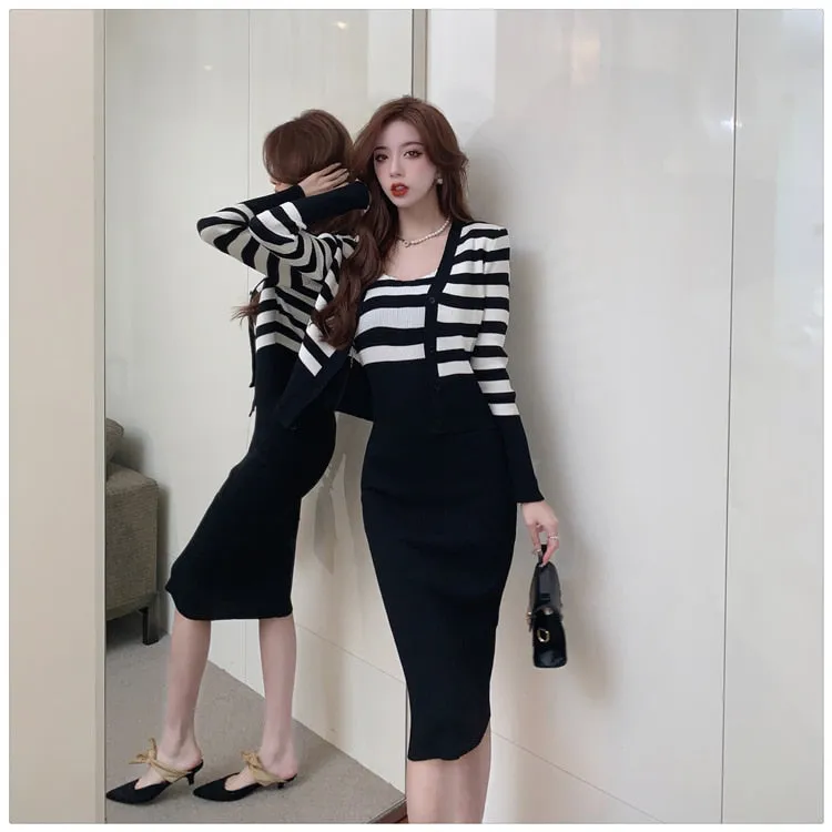 Casual O-Neck Full Sleeve Striped Knitted Pencil Dress for Women