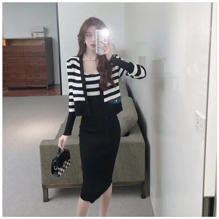 Casual O-Neck Full Sleeve Striped Knitted Pencil Dress for Women