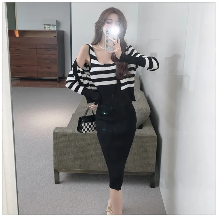 Casual O-Neck Full Sleeve Striped Knitted Pencil Dress for Women