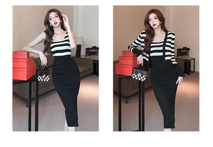 Casual O-Neck Full Sleeve Striped Knitted Pencil Dress for Women