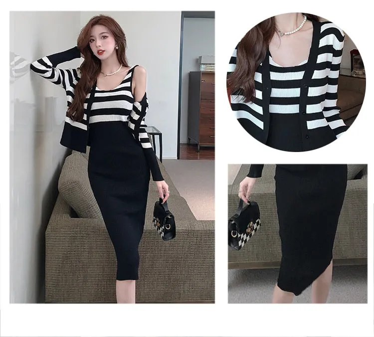 Casual O-Neck Full Sleeve Striped Knitted Pencil Dress for Women