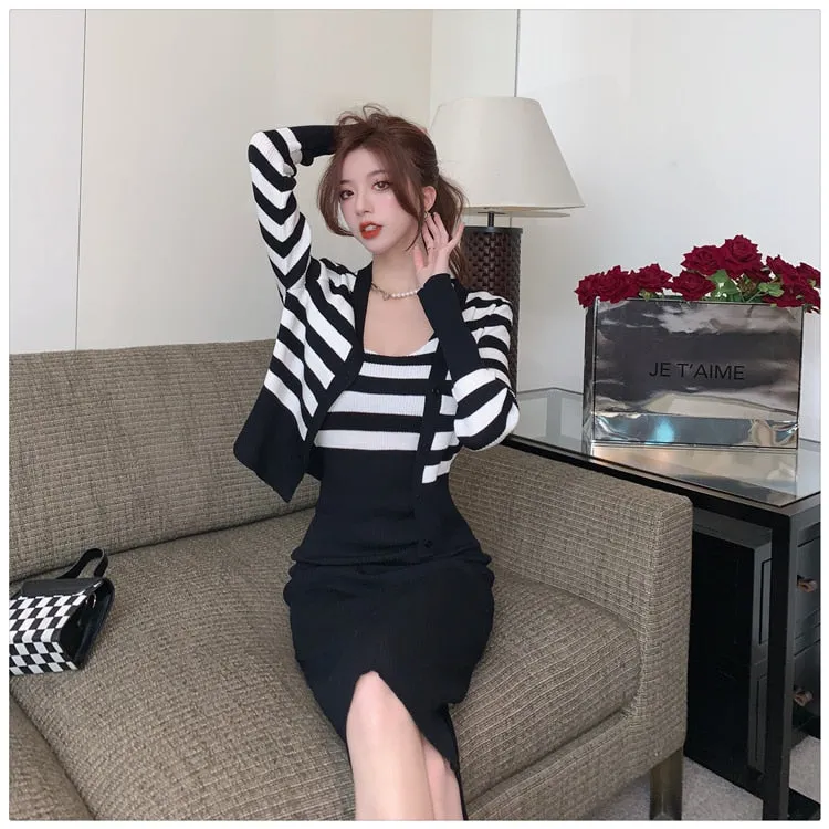 Casual O-Neck Full Sleeve Striped Knitted Pencil Dress for Women