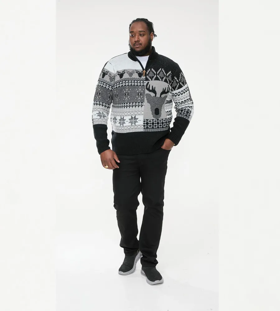 D555 Big Mens Christmas Jumper With 1/4 Zip and Stag Design (ICICLE)