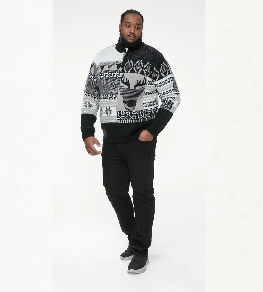 D555 Big Mens Christmas Jumper With 1/4 Zip and Stag Design (ICICLE)