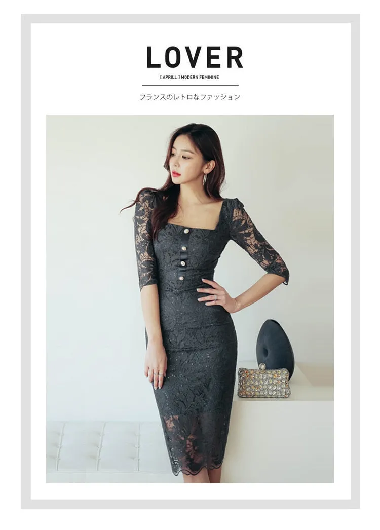 Elegant Women's Hollow Out Lace Slim Pencil Bodycon Office Party Dresses