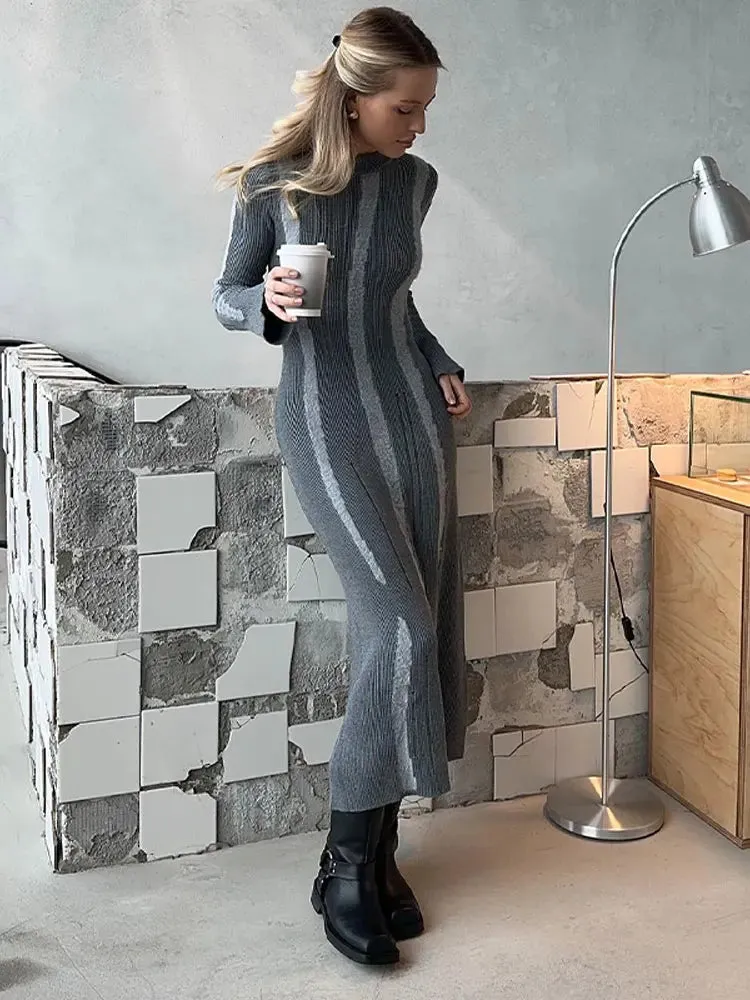 Fashion Striped O Neck Slim Knitted Maxi Dresses For Women 2024 Spring Contrasting Color Long Sleeve Dress