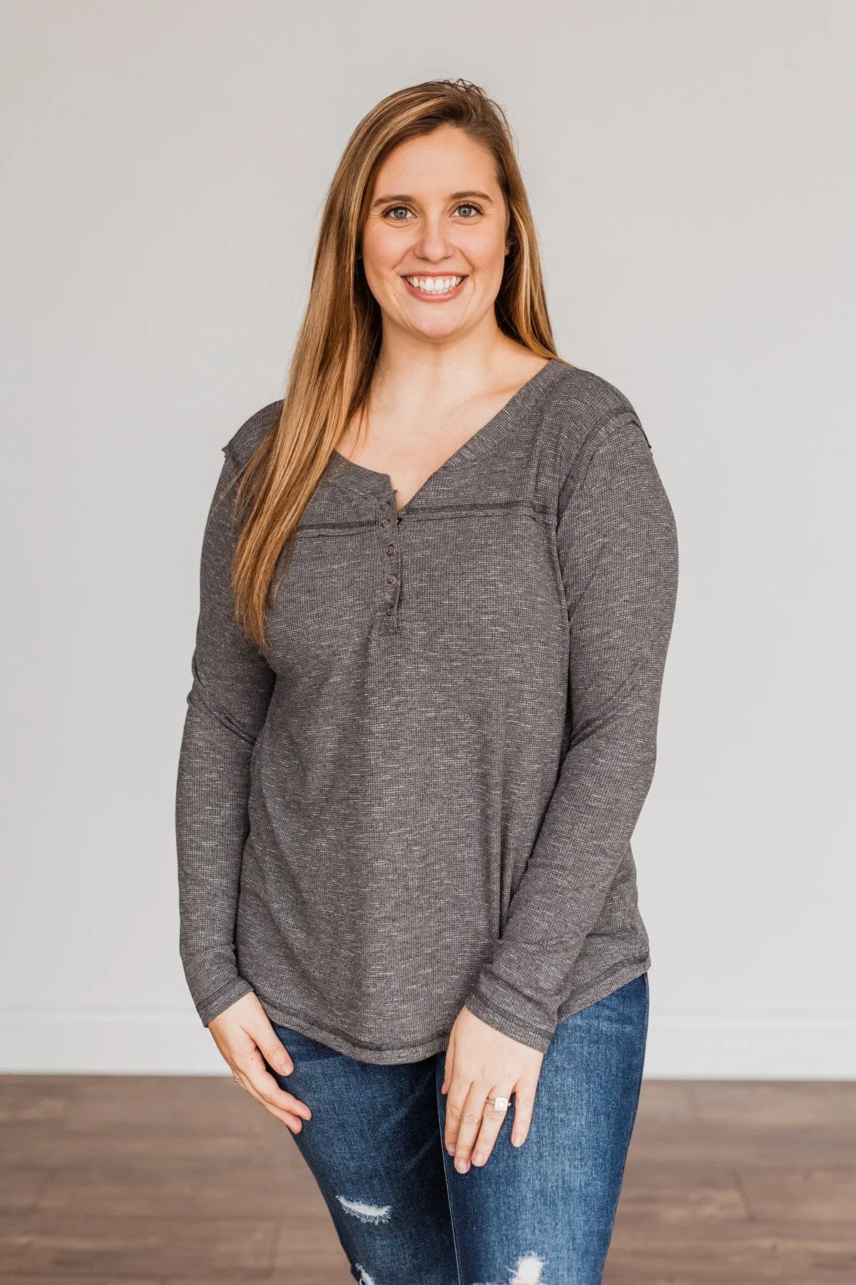 Fireside Memories Long Sleeve Top- Charcoal