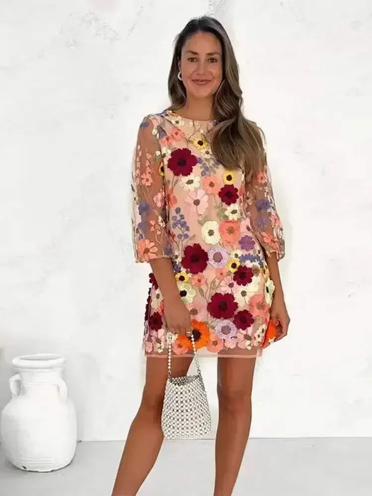 Flower Embroidered Flower Printed Long Dress Women Elegant O-neck Long Sleeve Lace Bodycon Dresses 2024 New Female Party Robes