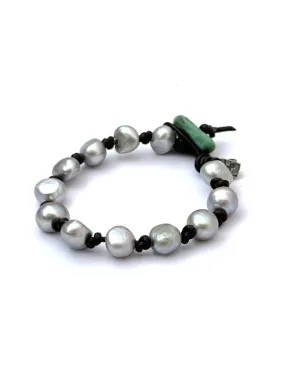 GRAY PEARL KNOTTED LEATHER BRACELET