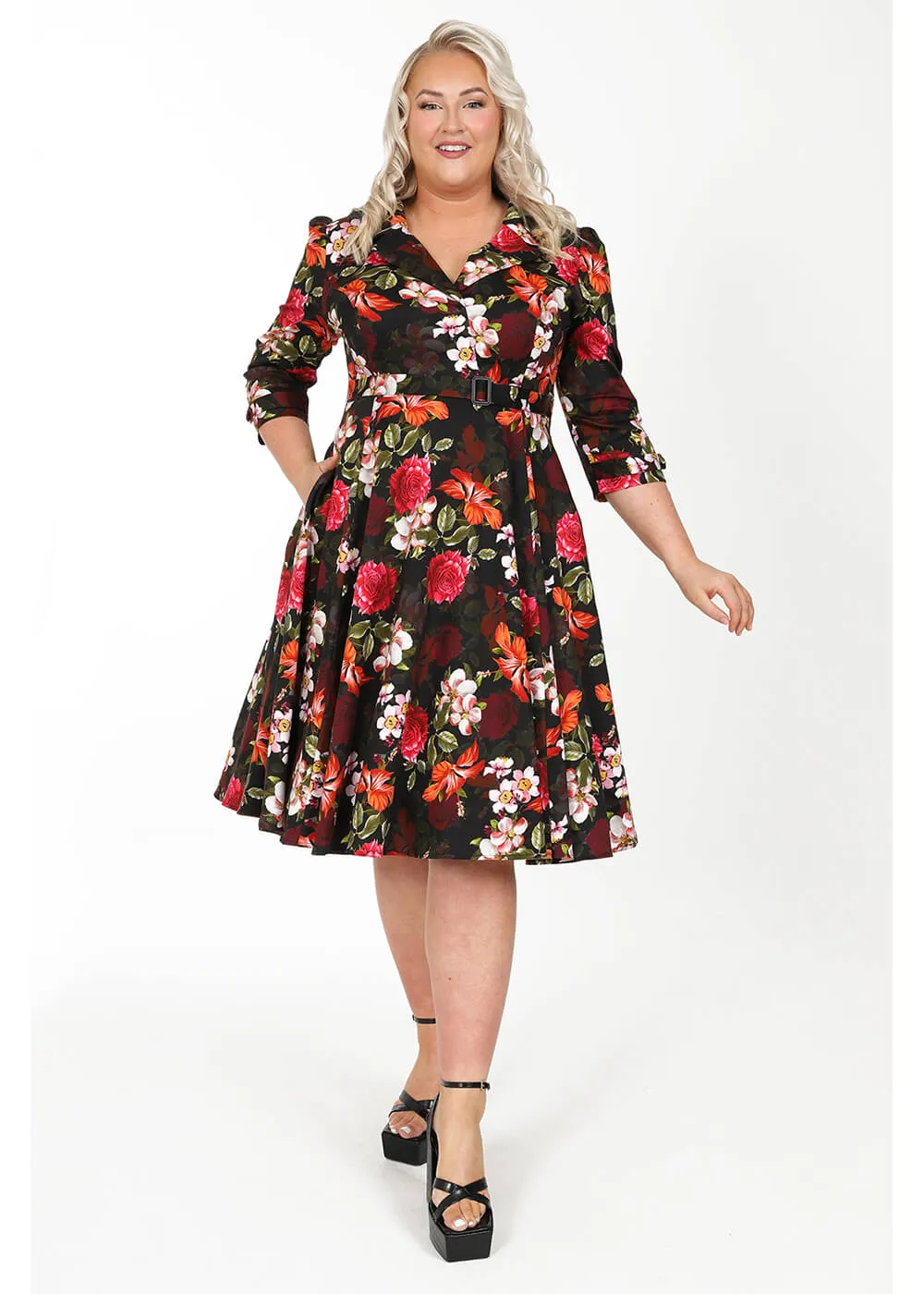 Hearts & Roses Kali Floral 50's Swing Dress Black