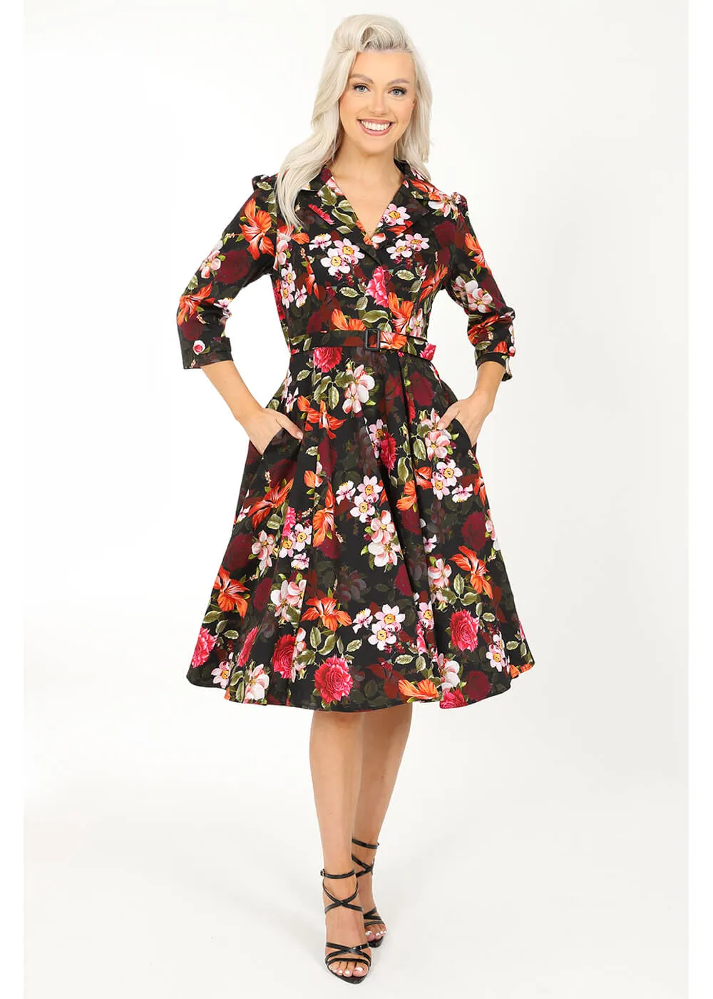 Hearts & Roses Kali Floral 50's Swing Dress Black