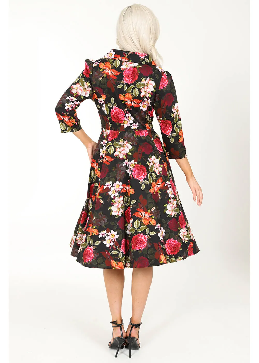 Hearts & Roses Kali Floral 50's Swing Dress Black