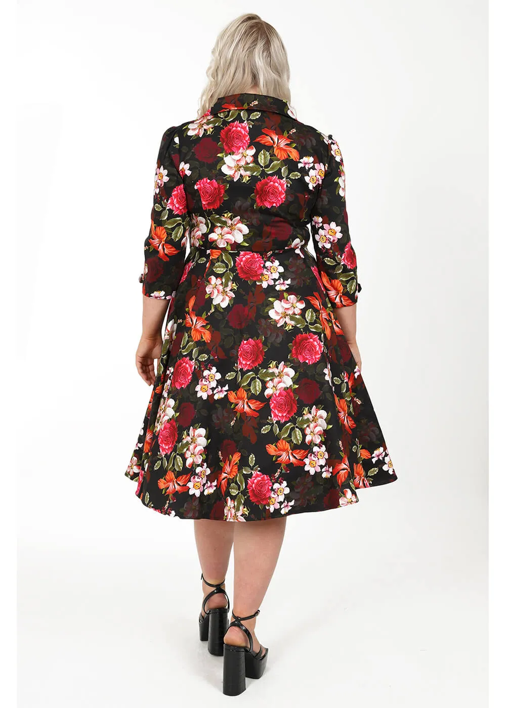 Hearts & Roses Kali Floral 50's Swing Dress Black