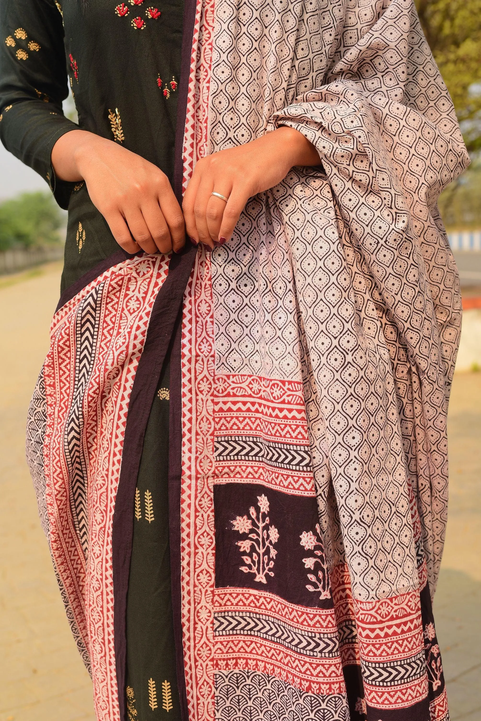 Kaisori Nandana collection - Bagh black honey comb block printed dupatta