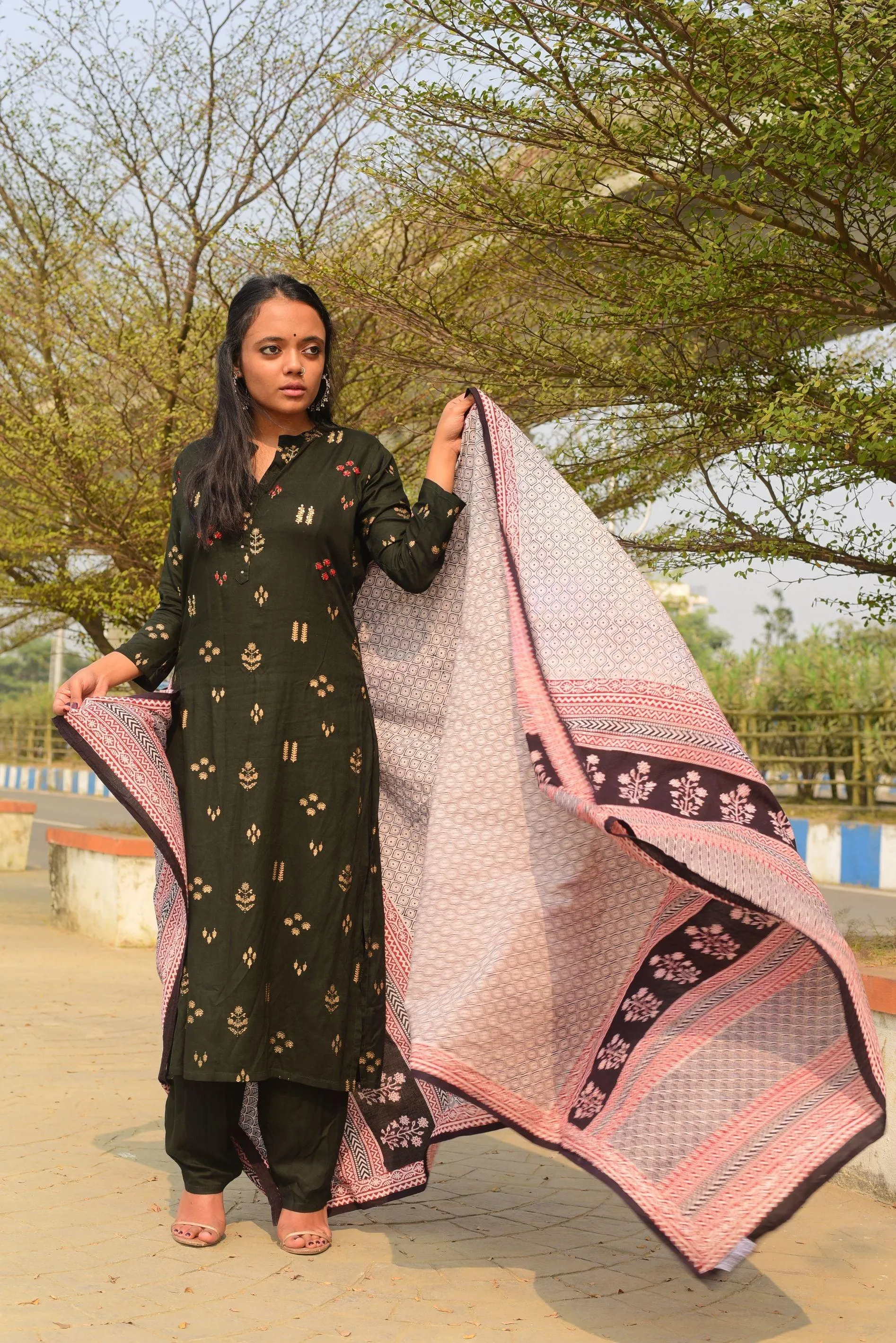 Kaisori Nandana collection - Bagh black honey comb block printed dupatta