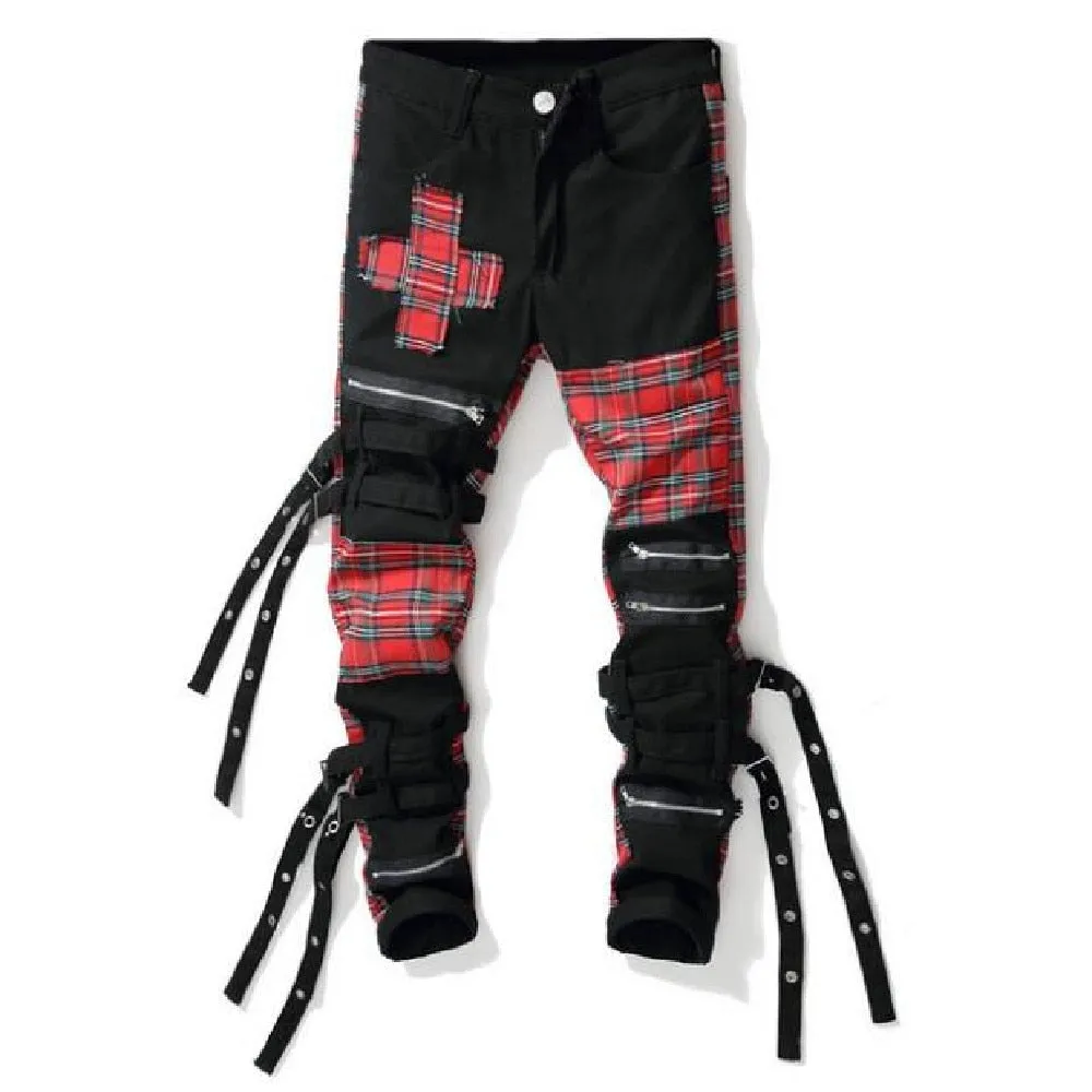 Men's Retro Patchwork Full Length Mid Waist Banding Straight-leg Jeans Pants