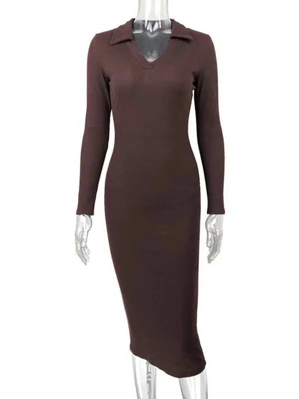 Momnfancy Coffee Turndown Collar Baby Shower Party Autumn Winter Knitted Maternity Midi Dress