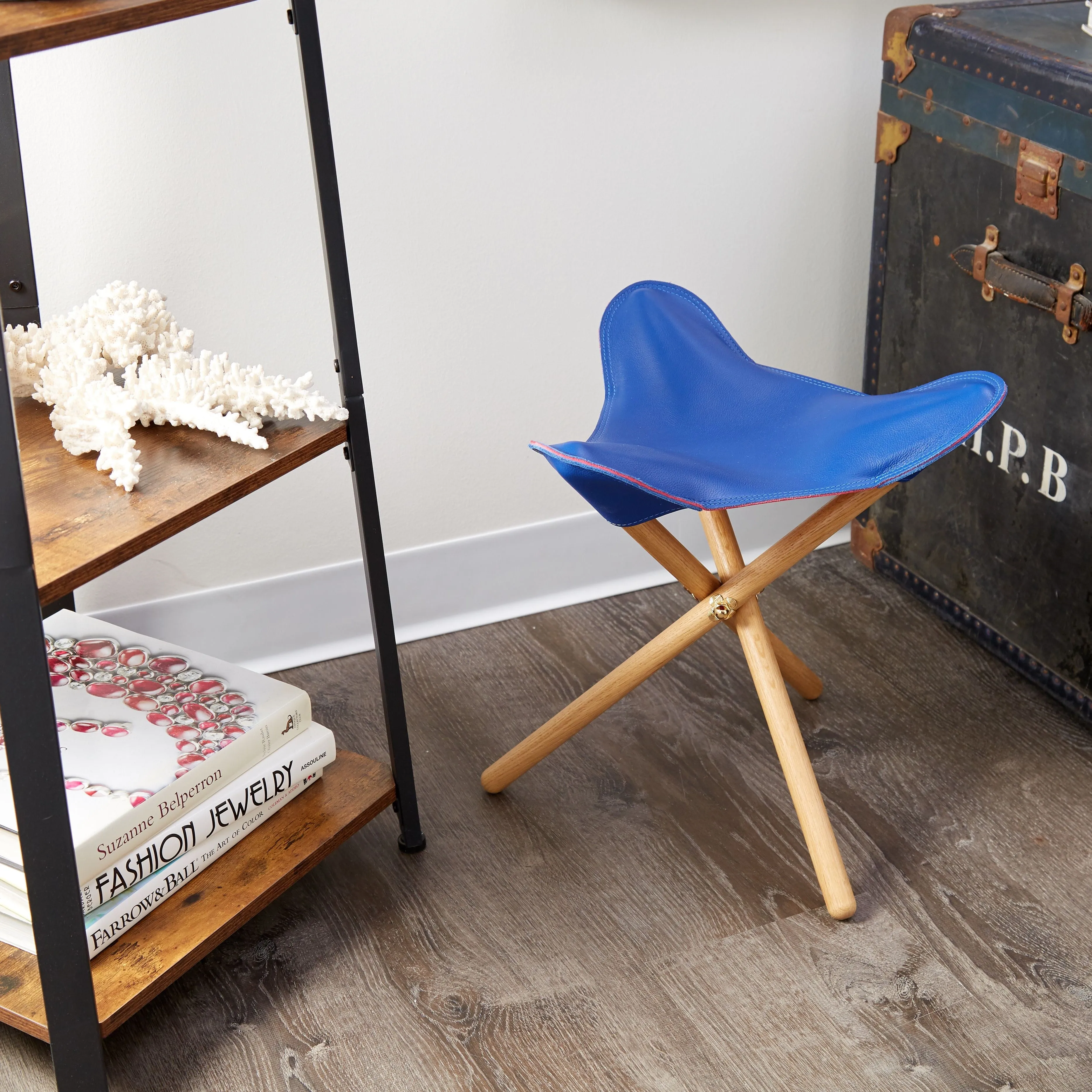 Navy Leather Petal Folding Stool