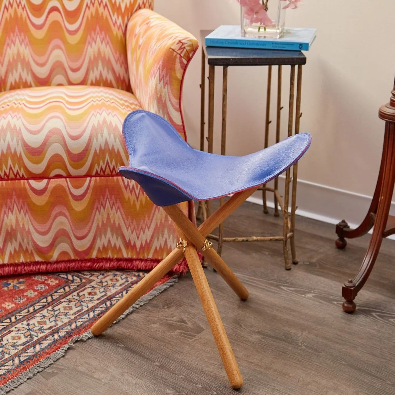 Navy Leather Petal Folding Stool