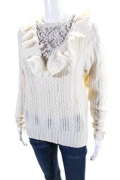 Nightcap Clothing Womens Lace Trim Ruffled Cable Knit Sweater White Wool Size 1