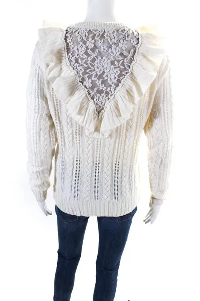 Nightcap Clothing Womens Lace Trim Ruffled Cable Knit Sweater White Wool Size 1