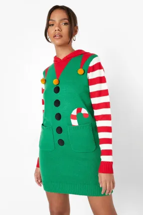 Pom Pom Elf Christmas Sweater Dress