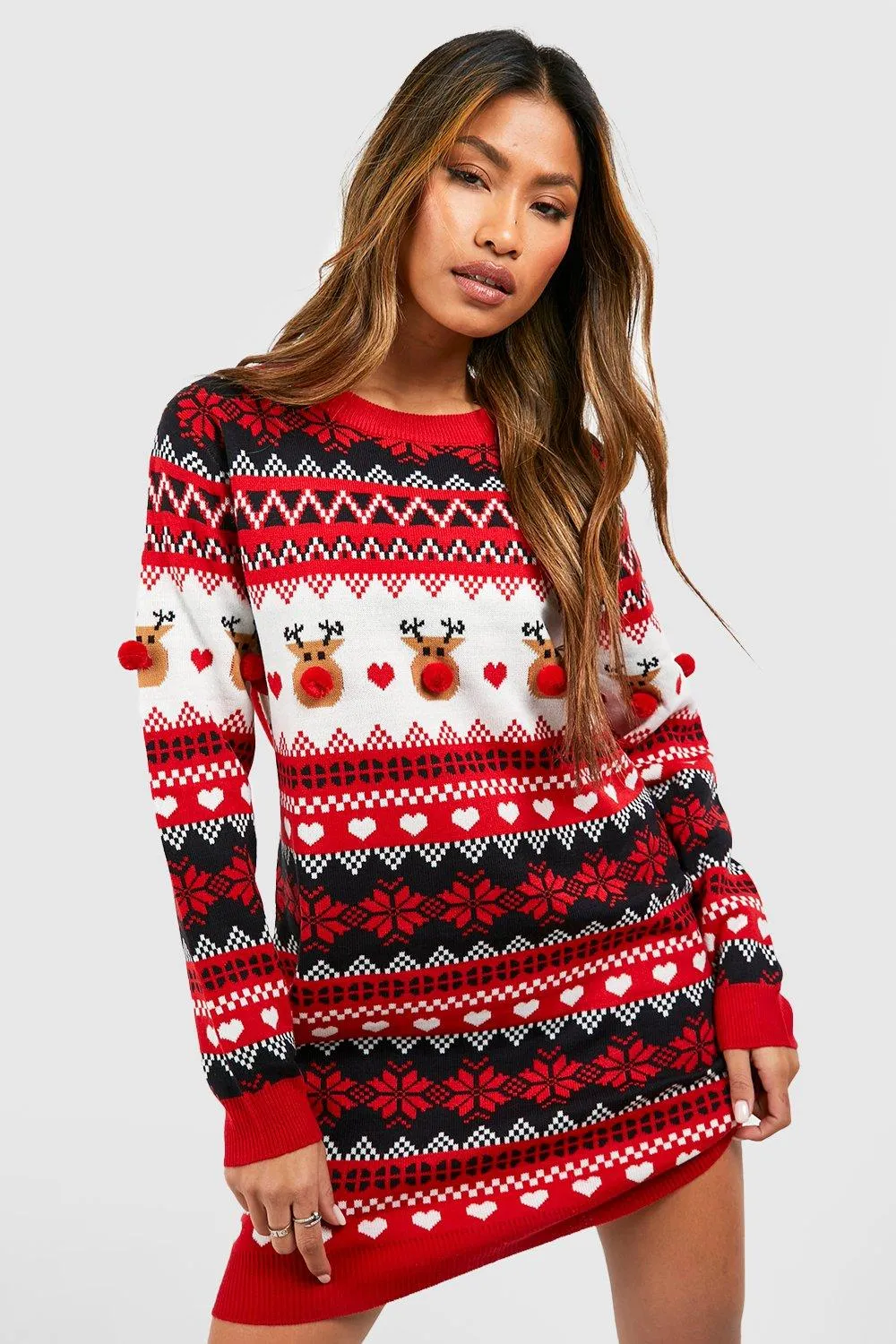 Pom Pom Reindeer Christmas Sweater Dress