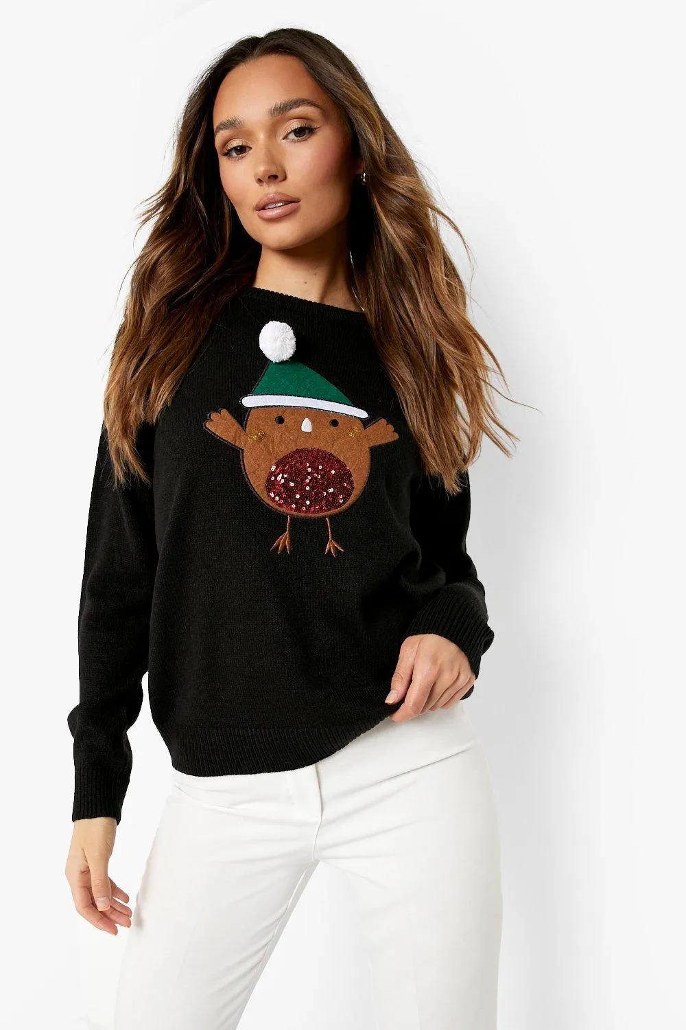 Pom Pom Sequin Robin Christmas Sweater