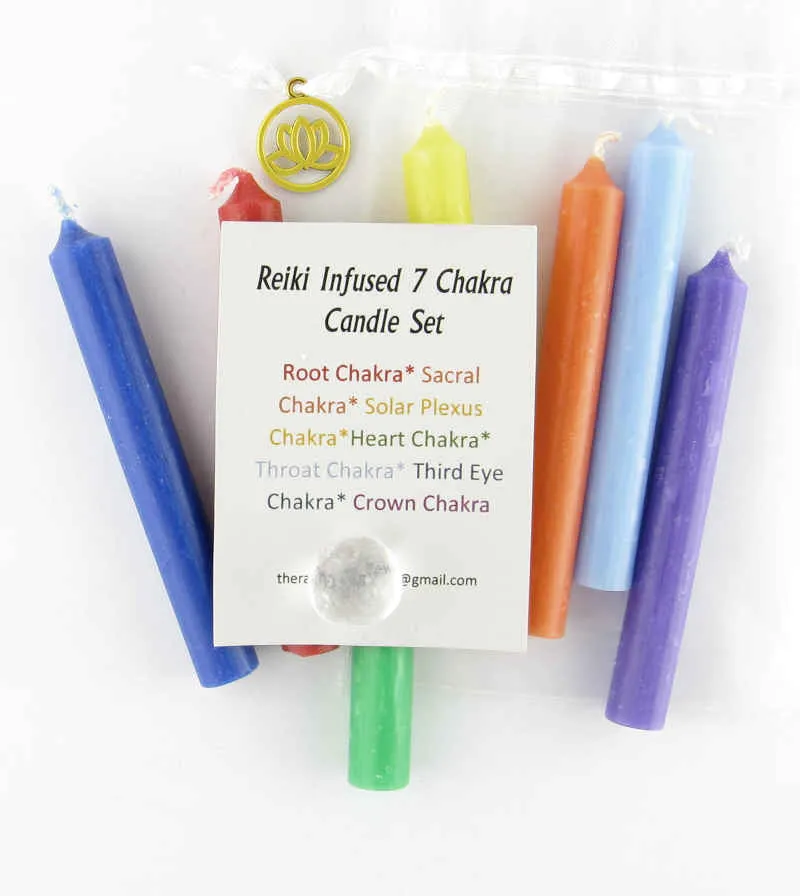 Reiki Infused 7 Chakra Candles Set w/ Lotus Charm