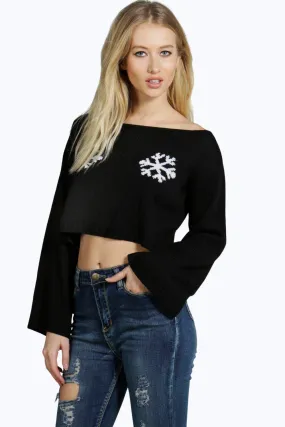 Sara Snowflake Bell Sleeve Crop Christmas Sweater