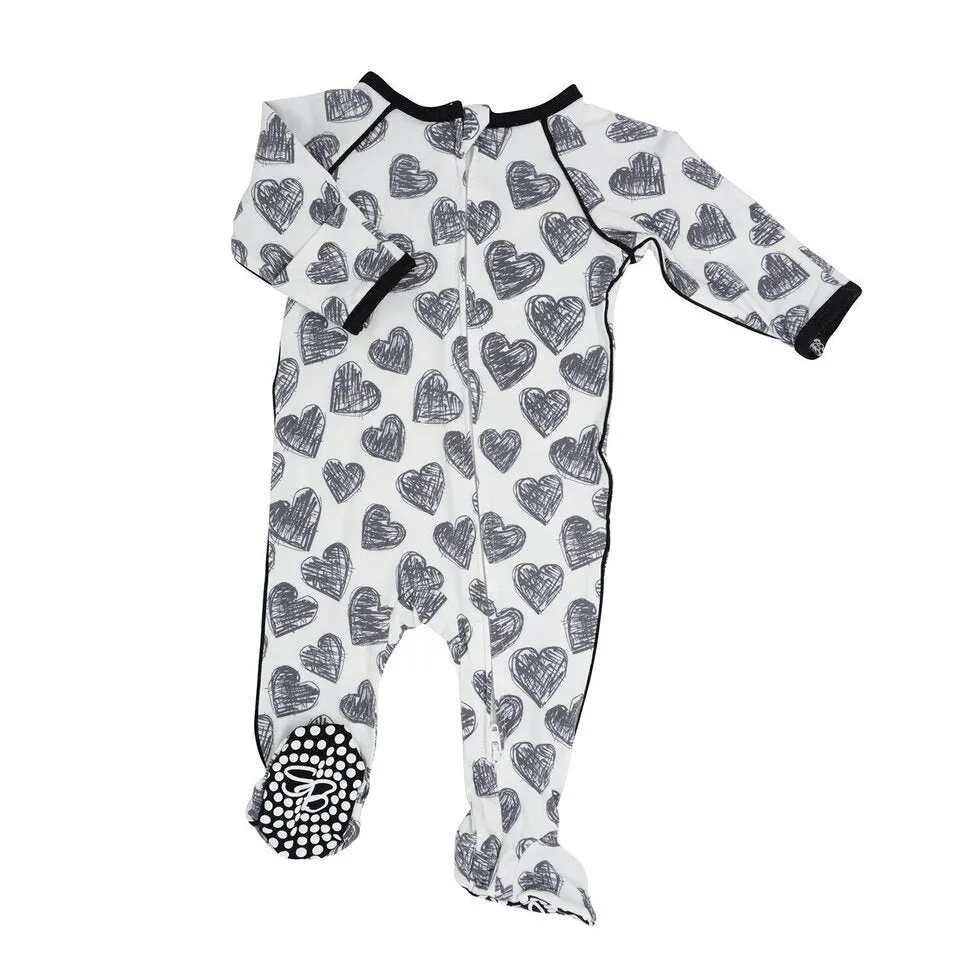 Sweet Bamboo- Scribble Hearts Charcoal Zipper Footie