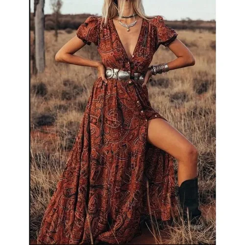 Women's A-line Skirt Vintage Style Deep V Printing Short Sleeve Flower Maxi Long Dress Daily