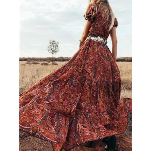 Women's A-line Skirt Vintage Style Deep V Printing Short Sleeve Flower Maxi Long Dress Daily