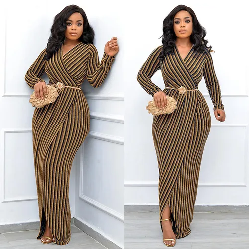 Women's Sheath Dress Vintage Style V Neck Long Sleeve Stripe Maxi Long Dress Daily