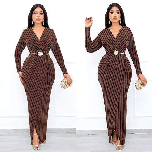 Women's Sheath Dress Vintage Style V Neck Long Sleeve Stripe Maxi Long Dress Daily