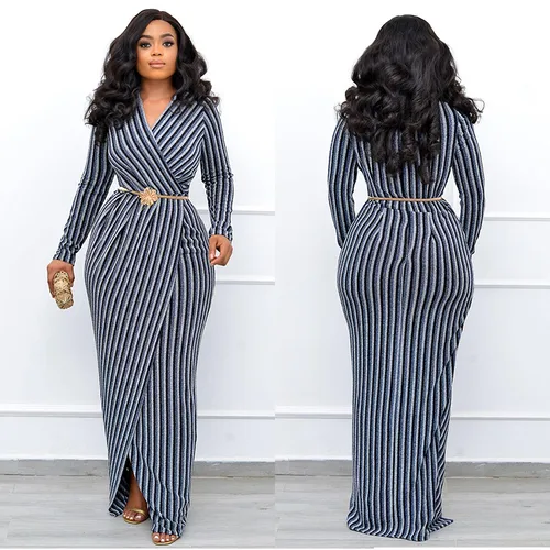 Women's Sheath Dress Vintage Style V Neck Long Sleeve Stripe Maxi Long Dress Daily