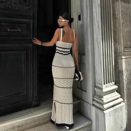 Women's Strap Dress Vintage Style Streetwear U Neck Contrast Binding Sleeveless Stripe Maxi Long Dress Holiday Daily