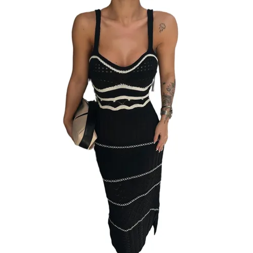 Women's Strap Dress Vintage Style Streetwear U Neck Contrast Binding Sleeveless Stripe Maxi Long Dress Holiday Daily