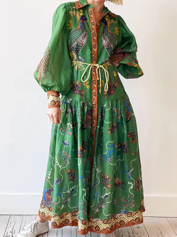 Women's Swing Dress Vintage Style Bohemian Turndown Printing Long Sleeve Printing Midi Dress Holiday Beach