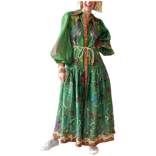 Women's Swing Dress Vintage Style Bohemian Turndown Printing Long Sleeve Printing Midi Dress Holiday Beach