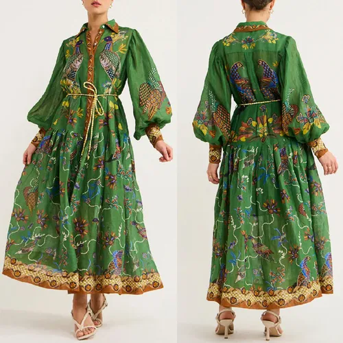 Women's Swing Dress Vintage Style Bohemian Turndown Printing Long Sleeve Printing Midi Dress Holiday Beach