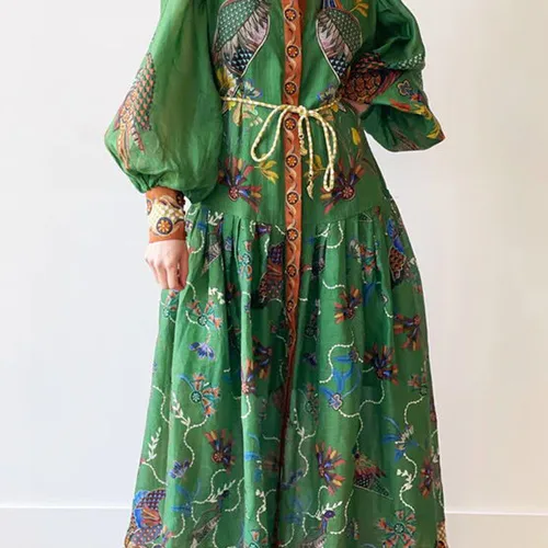 Women's Swing Dress Vintage Style Bohemian Turndown Printing Long Sleeve Printing Midi Dress Holiday Beach