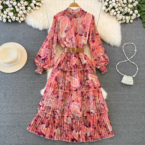 Women's Swing Dress Vintage Style Standing Collar Long Sleeve Printing Midi Dress Banquet