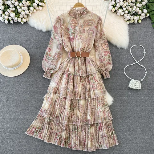 Women's Swing Dress Vintage Style Standing Collar Long Sleeve Printing Midi Dress Banquet