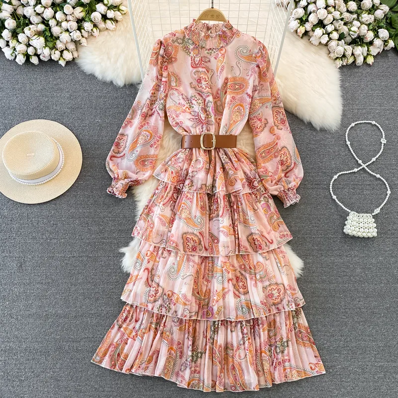 Women's Swing Dress Vintage Style Standing Collar Long Sleeve Printing Midi Dress Banquet